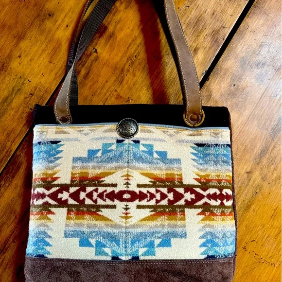 Pendleton Wool and Suede Purse Brown and Blue. hand made by Starry Gardens. - Picture 1 of 9